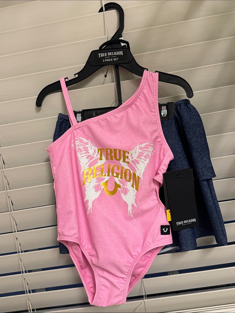 True Religion Pink One-Shoulder Butterfly Logo Swim Suit skirt set